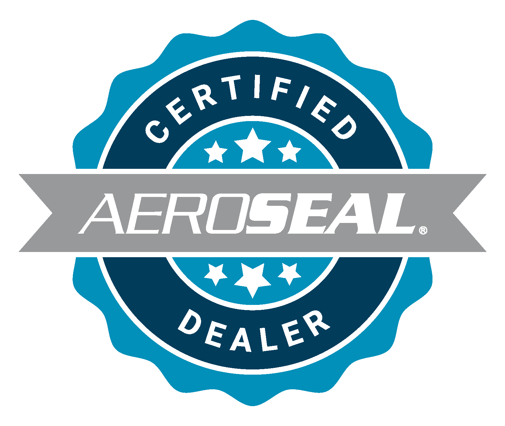 Aeroseal certified dealer logo featuring the word 'aeroseal' in bold letters with a seal symbol in the background.