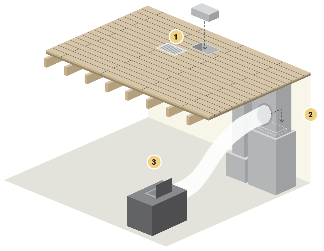 A brown wooden deck with a heater and a fan.