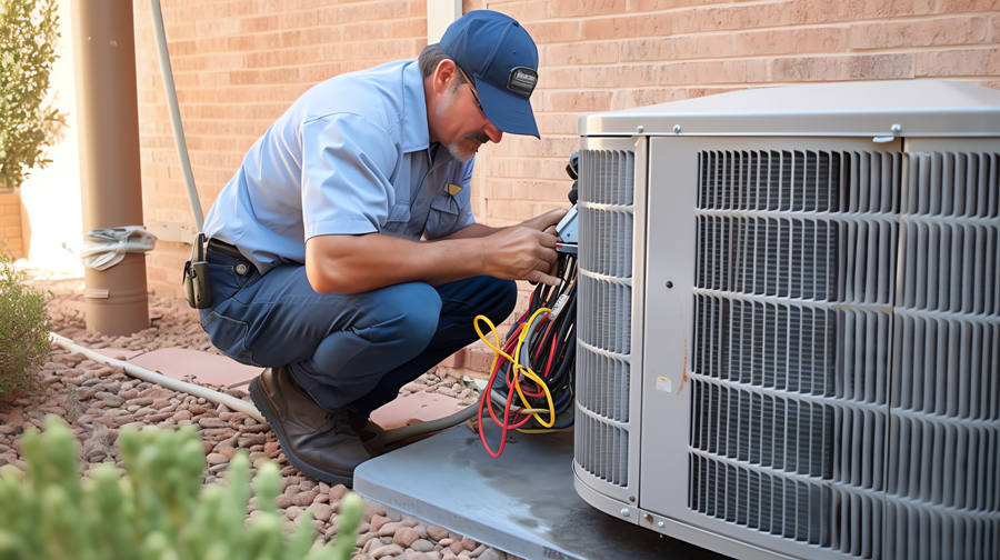 A technician repairing an air conditioner with tools on a sunny day