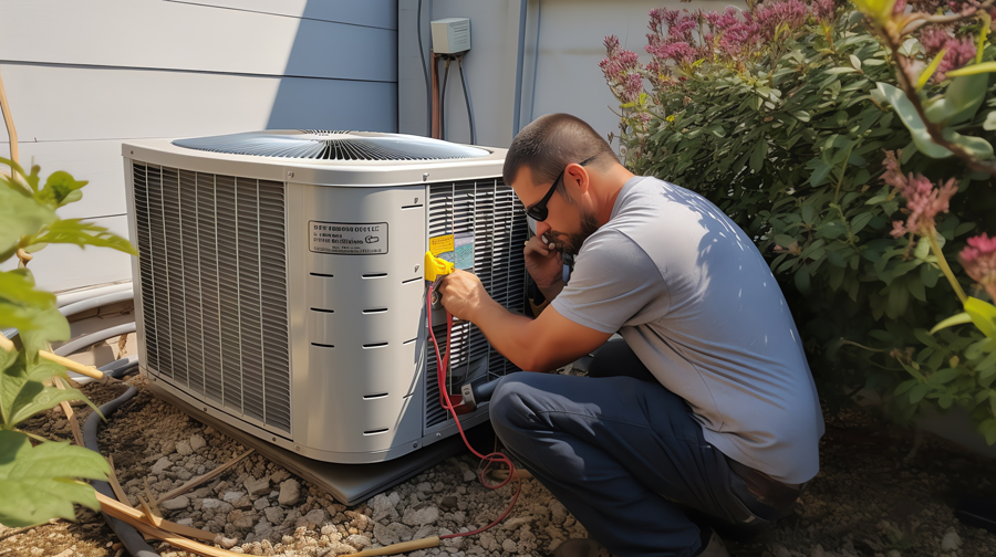 A man in a blue shirt is repairing an air conditioner unit on a sunny day.