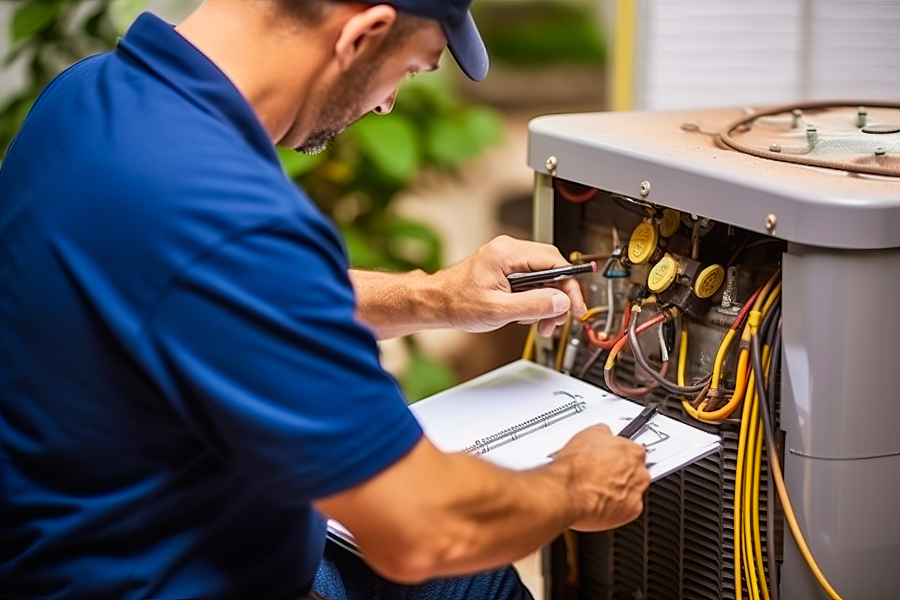 A technician in blue attire and hat fixing an HVAC system