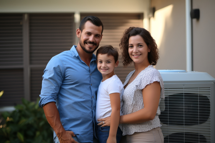 A happy family posing in front of their house's air conditioning unit on a sunny day.