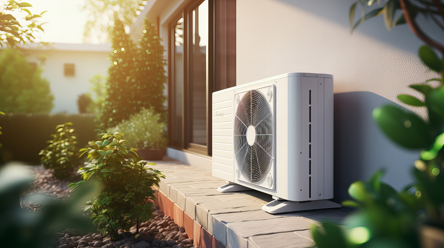 Outdoor patio with white air conditioner, perfect for hot days