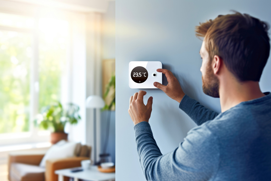 Man adjusting temperature on smart thermostat