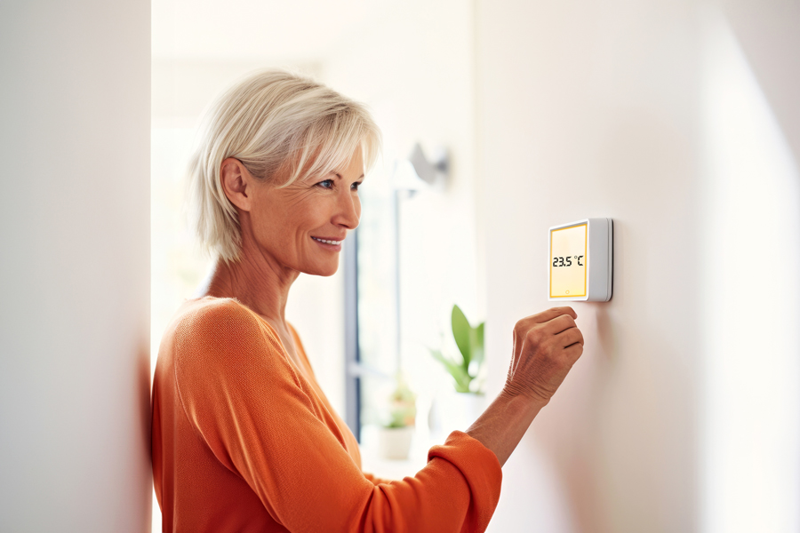 A woman pressing a yellow button on a wall