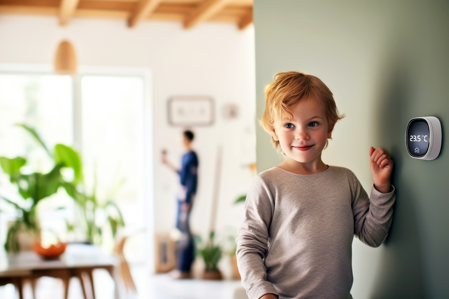 A child standing next to a modern thermostat