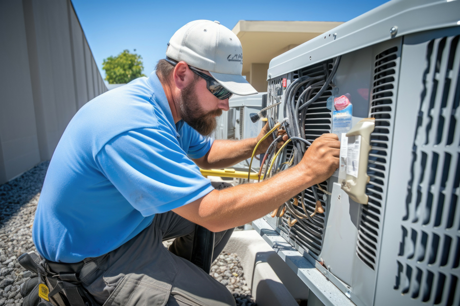 A man wearing a blue shirt and hat repairing an air conditioner