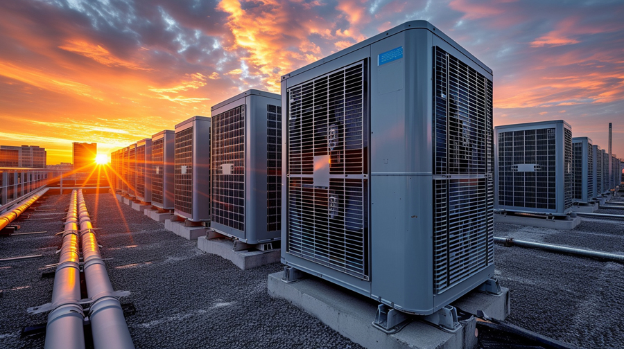 Rooftop view at sunset showing air conditioning units against the colorful sky