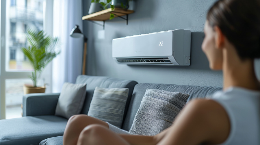 Woman sitting on couch in front of wall mounted air conditioner