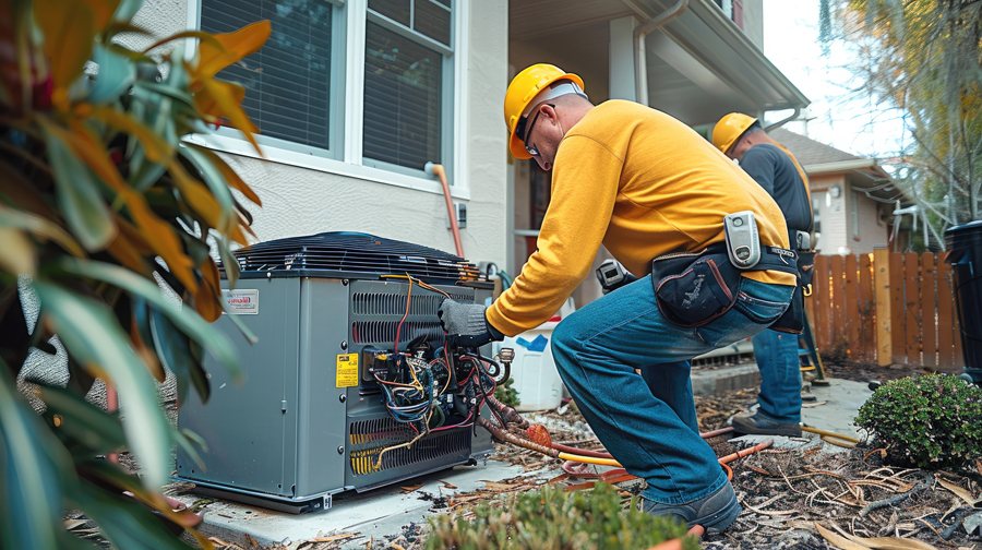 Two HVAC professionals fixing an air conditioning system.