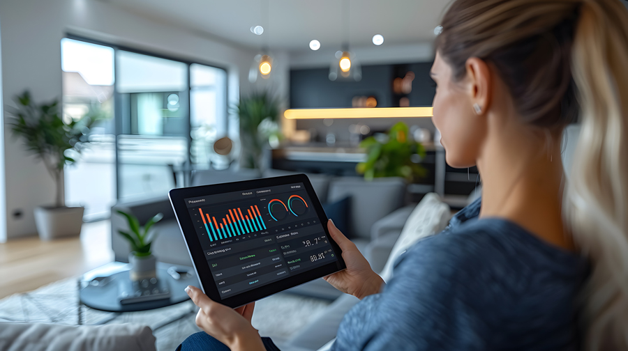 A woman analyzing data on a tablet screen