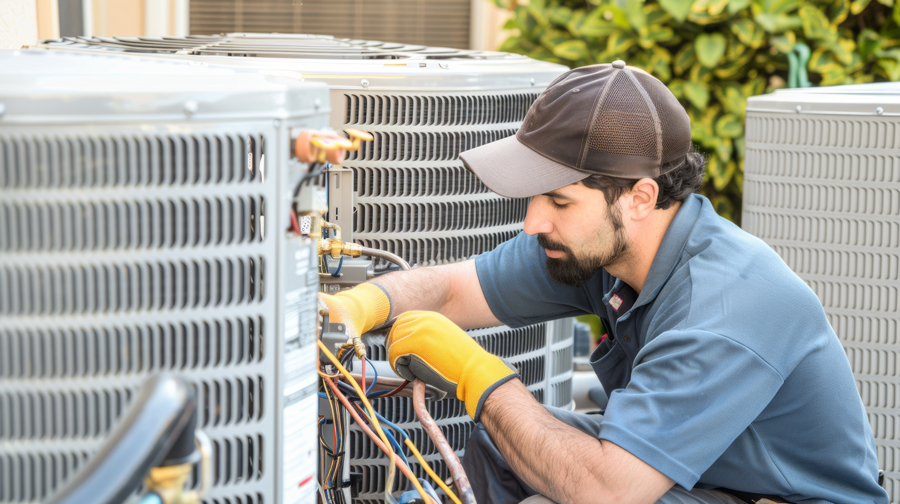 An HVAC professional fixing an air conditioner outdoors