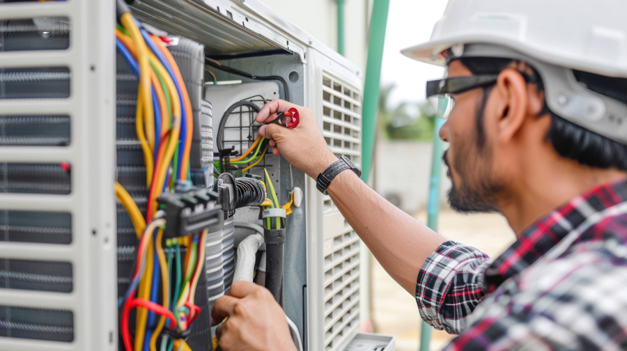 A man wearing a hard hat and helmet is diligently working on an air conditioning unit, ensuring proper installation and maintenance.