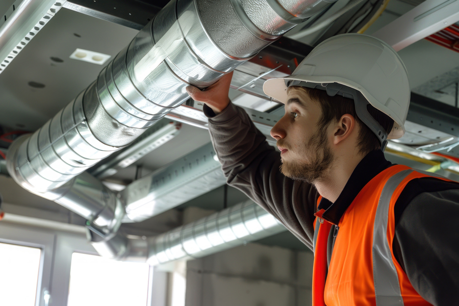 Man wearing hard hat and orange vest inspecting a pipe at a work site.