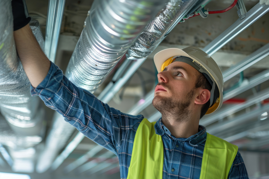 A man in a hard hat and vest holding a pipe at a construction site.