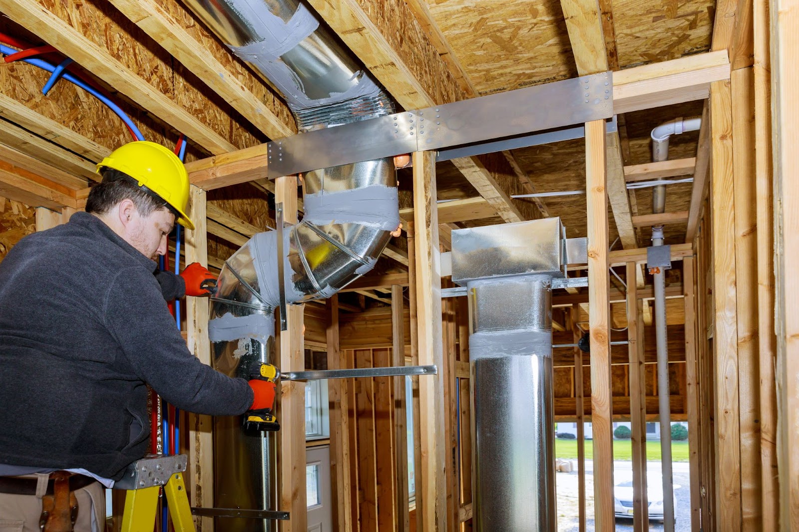 A man in a hard hat and safety glasses seals air ducts to improve indoor air quality in a home.