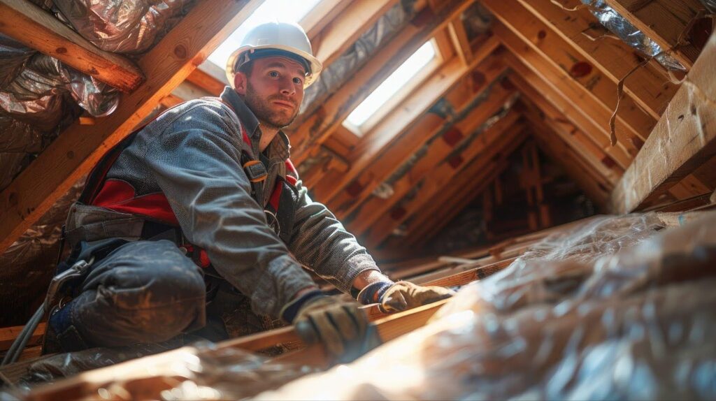 A man in a hard hat and safety vest is working diligently on a roof