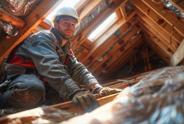 A man in a hard hat and safety vest is working diligently on a roof