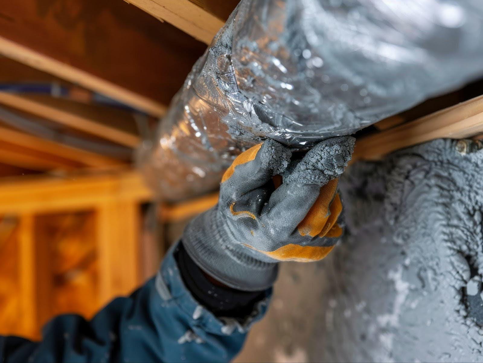 A person uses a pipe to install insulation, showing a hands-on approach to home improvement