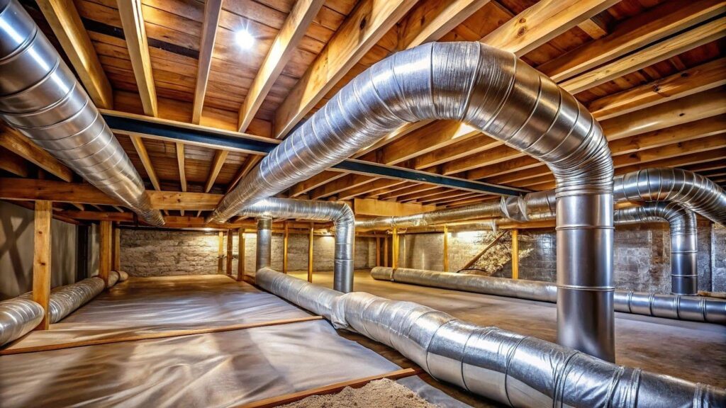 A spacious room featuring an intricate network of metal pipes and ducts along the ceiling and walls