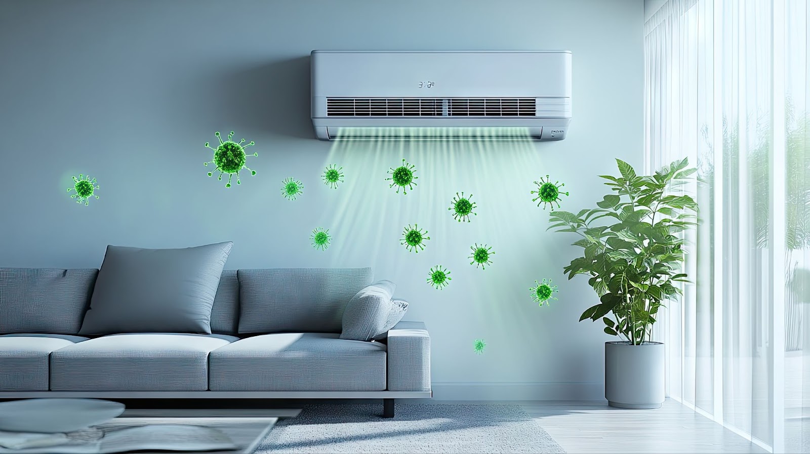 A cozy living room featuring a couch and an air conditioner, highlighting an efficient air duct system for optimal comfort.