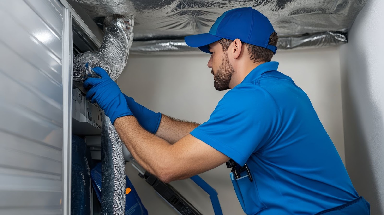 A man in a blue shirt and gloves repairs a refrigerator, focusing on the air duct system and sealing the ducts.