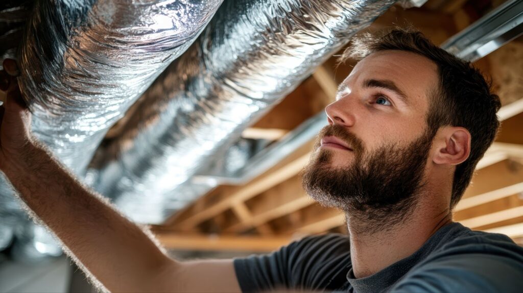 A man is diligently working on sealing an air duct system to ensure optimal airflow and energy efficiency.