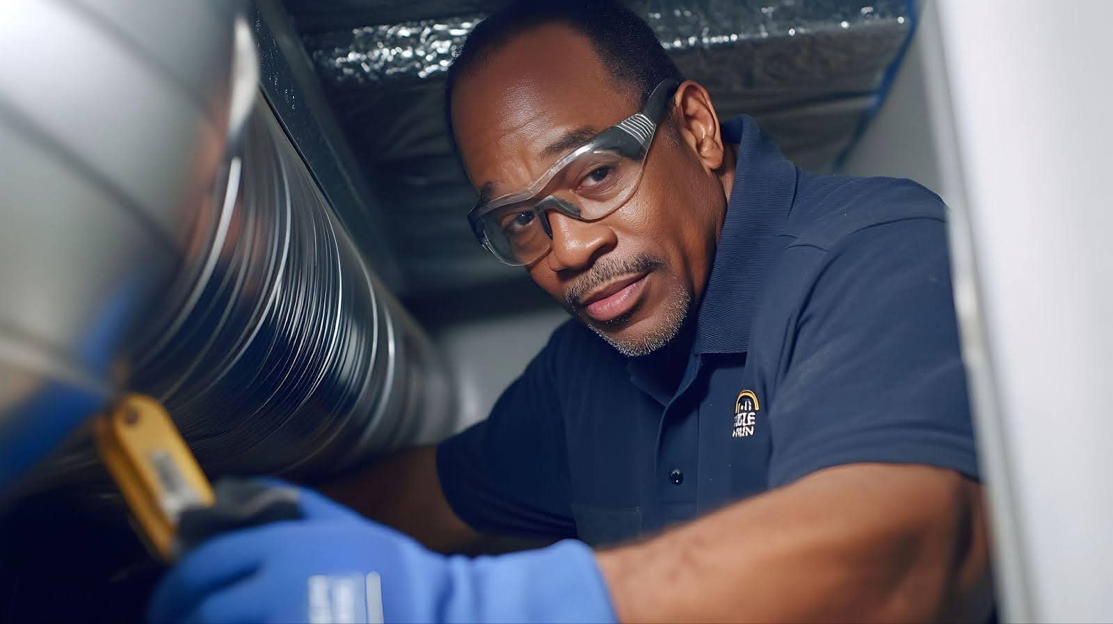 A man in glasses and gloves repairs a duct showcasing skilled maintenance