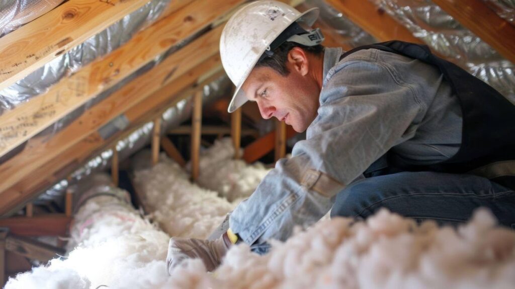 A man wearing a hard hat and safety vest installs insulation in a construction setting