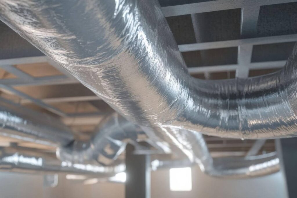 Industrial building interior featuring a network of pipes and ducts along the ceiling and walls